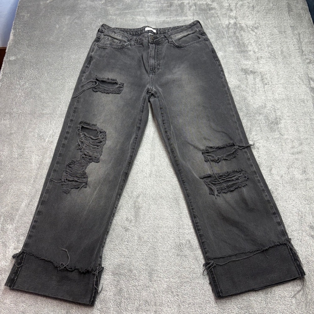 Forever 21 Distressed Jeans Women Size 31 Black Good Raw Hem Straight Leg